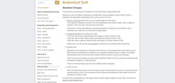 Tarifas BullionVault